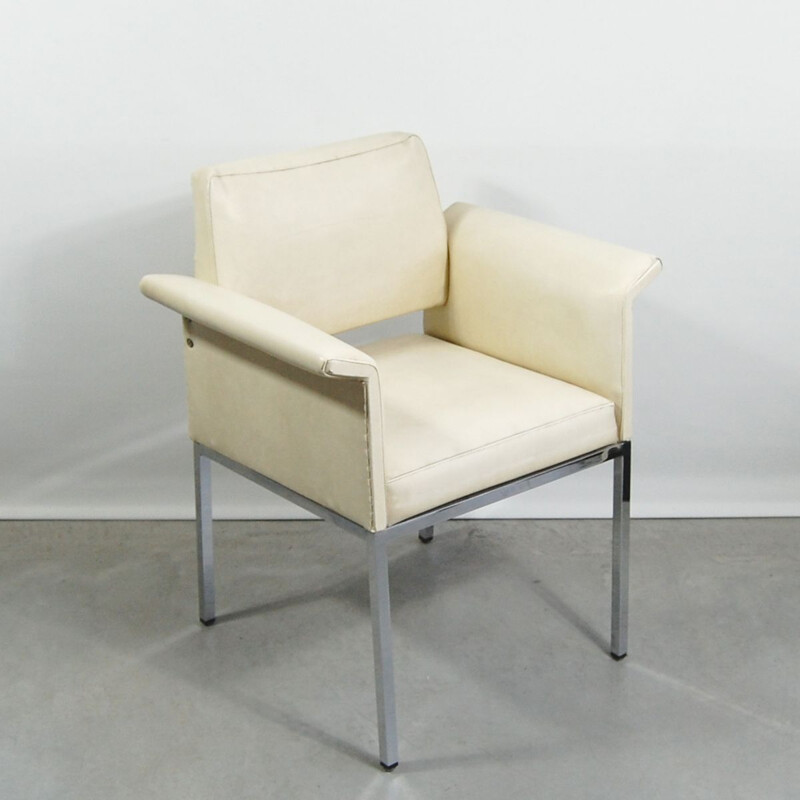 Vintage bridge armchair in off-white skai by Jean Domps for DMU, 1958