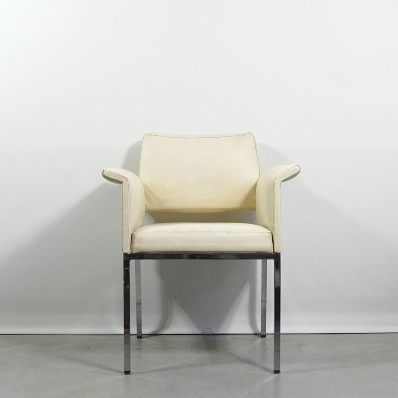Vintage bridge armchair in off-white skai by Jean Domps for DMU, 1958