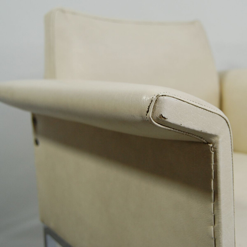 Vintage bridge armchair in off-white skai by Jean Domps for DMU, 1958