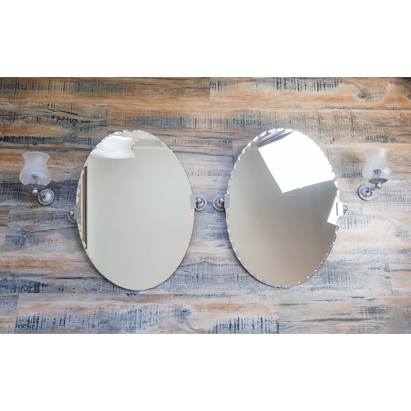 Pair of bevelled oval vintage mirrors and vintage wall lights Bathroom mirror 1960