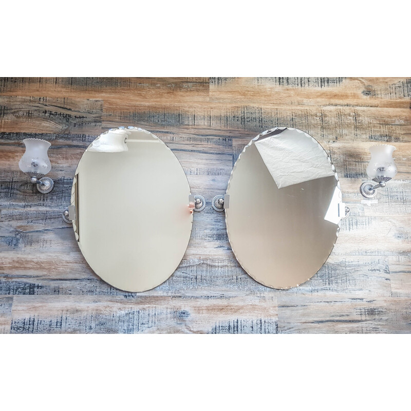 Pair of bevelled oval vintage mirrors and vintage wall lights Bathroom mirror 1960