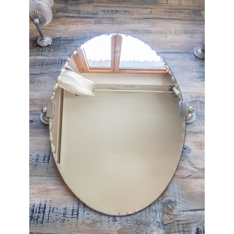 Pair of bevelled oval vintage mirrors and vintage wall lights Bathroom mirror 1960