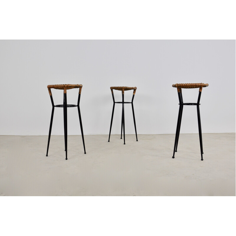 Set of 3 vintage round rattan bar stools by Rohé Noordwolde 1960