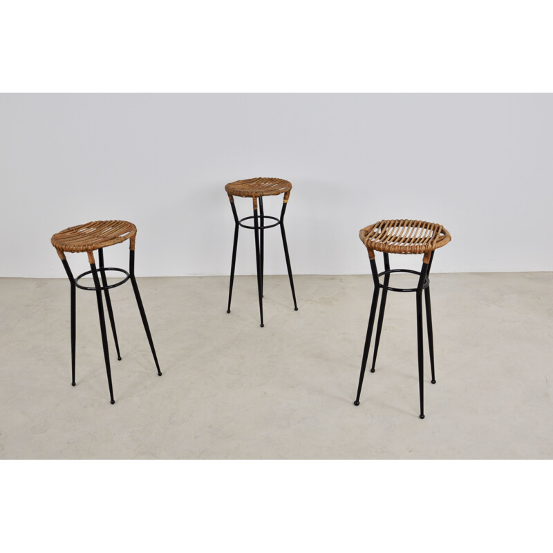 Set of 3 vintage round rattan bar stools by Rohé Noordwolde 1960