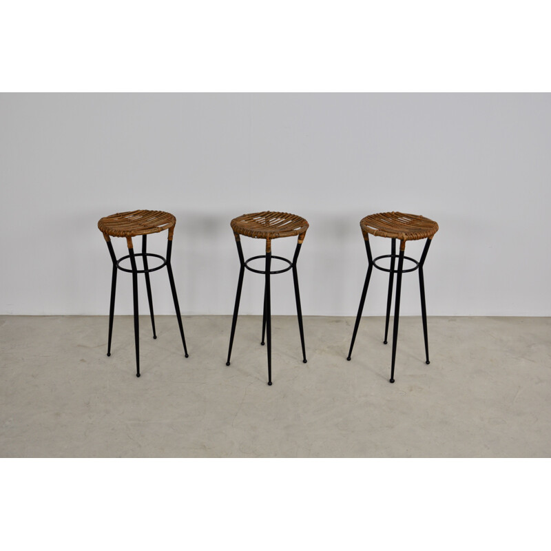 Ensemble de 3 tabourets de bar vintage en rotin rond de Rohé Noordwolde 1960