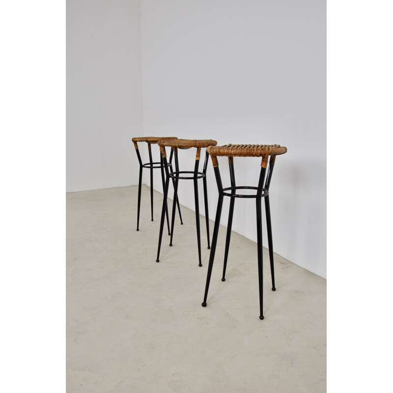 Set of 3 vintage round rattan bar stools by Rohé Noordwolde 1960