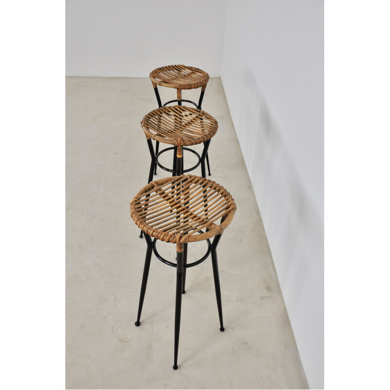 Set of 3 vintage round rattan bar stools by Rohé Noordwolde 1960