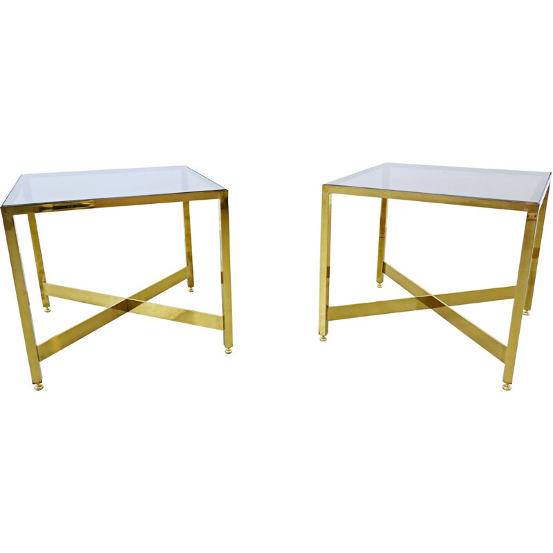 Pair of vintage brass side tables with glass top, Italy 1970