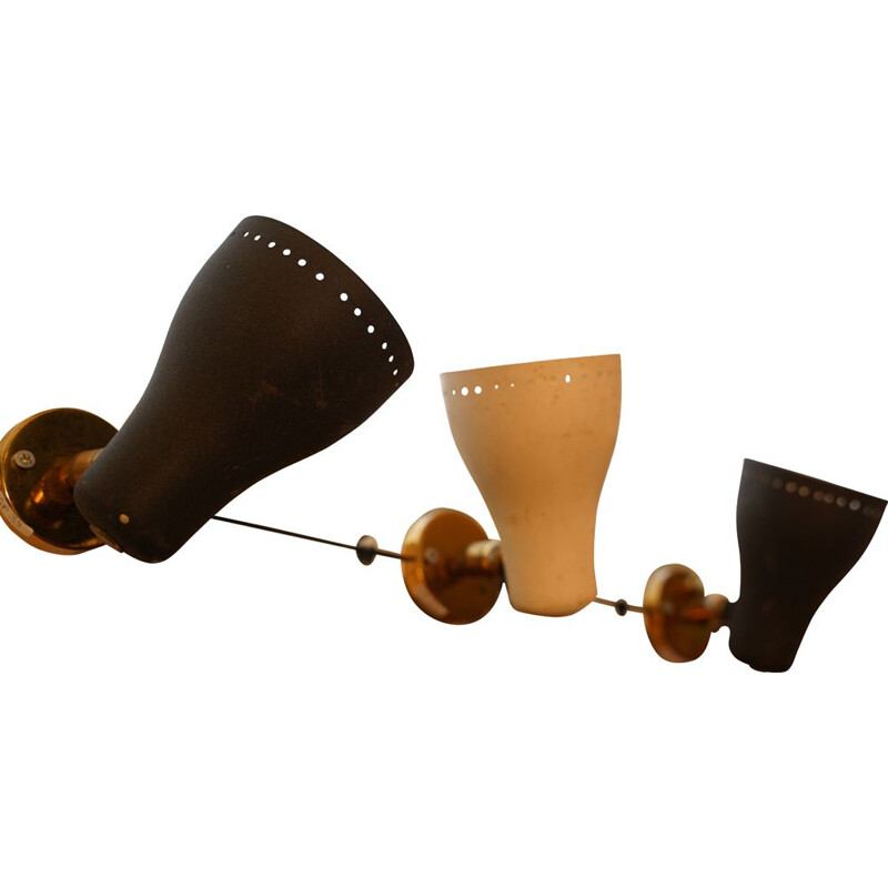 Set of 3 vintage brass and lacquer adjustable sconces by Lumen, Italy1950