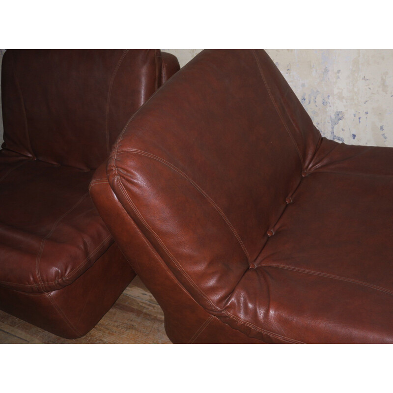 Paire de fauteuils lounge vintage modulaires en cuir  1970