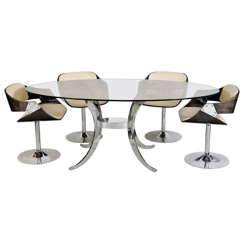 Vintage Tulip Chrome Glass Table and Chair Roche Bobois 4 x Luna Space Age French 1970 
