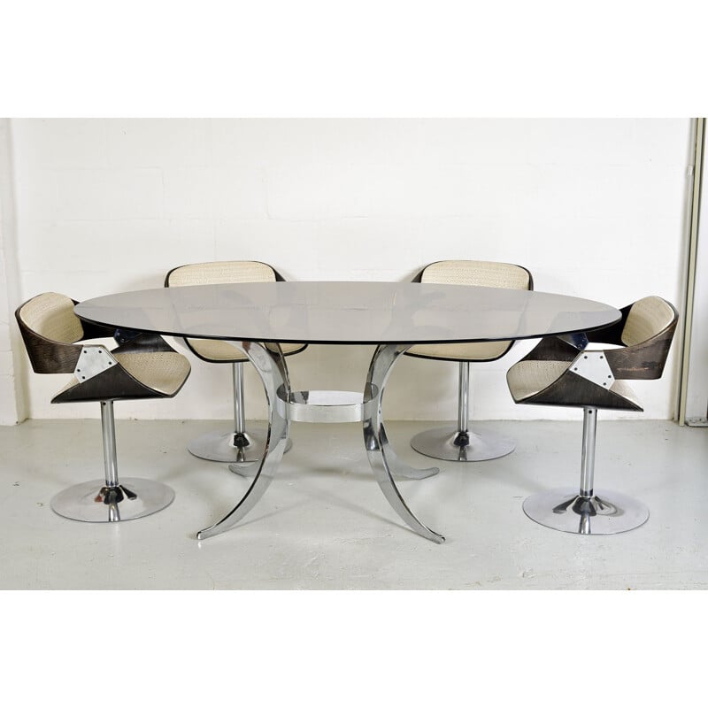 Vintage Tulip Chrome Glass Table and Chair Roche Bobois 4 x Luna Space Age French 1970 