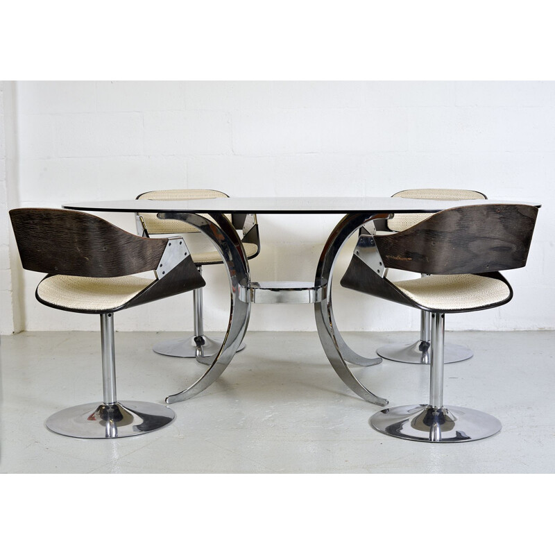 Vintage Tulip Chrome Glass Table and Chair Roche Bobois 4 x Luna Space Age French 1970 