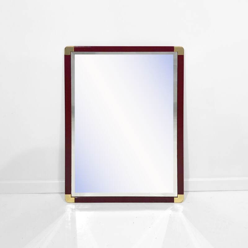 Vintage Burgundy Lacquered And Brass Bevelled Wall Mirror Hollywood Regency 1970s