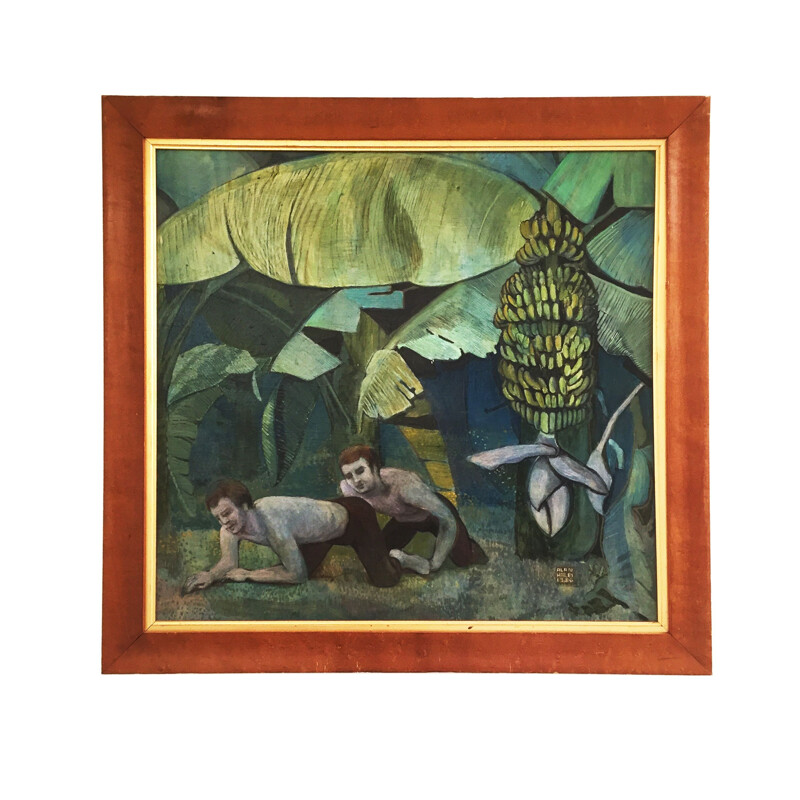 Peinture vintage de la jungle par Alan Healey Palmier exotique Boho Chic Hollywood Regency 1980