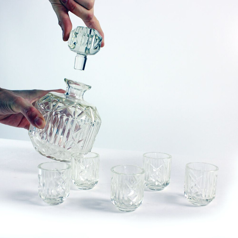 Vintage glass decanter with stemware, Czechoslovakia 1920