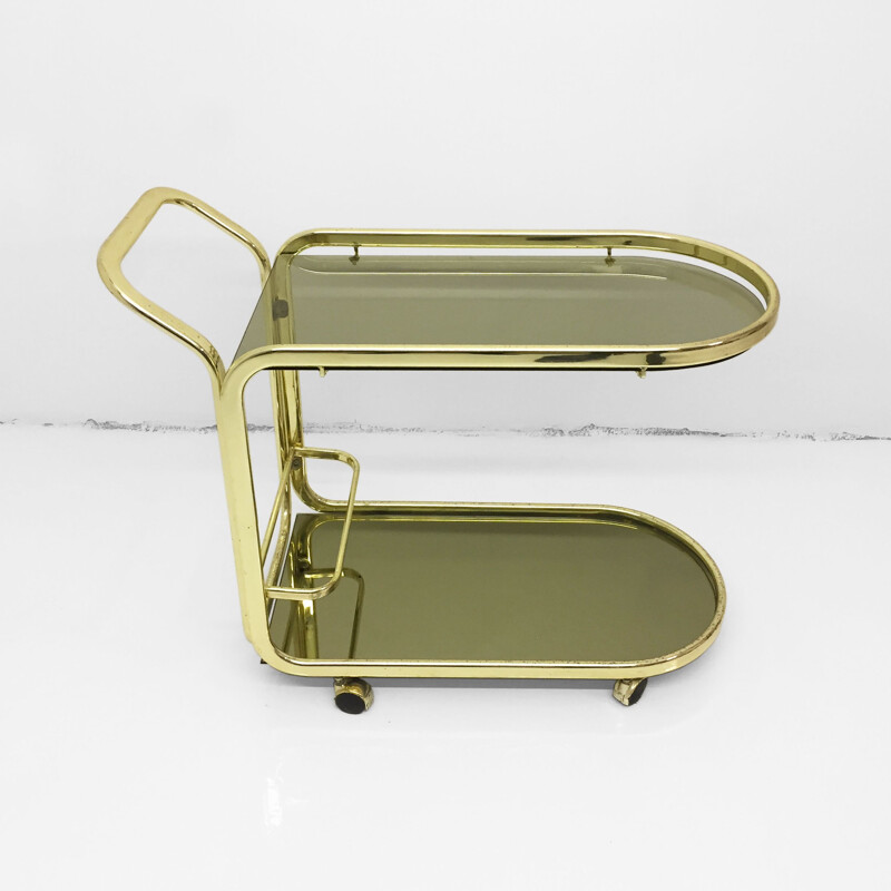 Vintage Morex Brass Drinks Bar Cart Smoked Mirror Glass Hollywood Regency