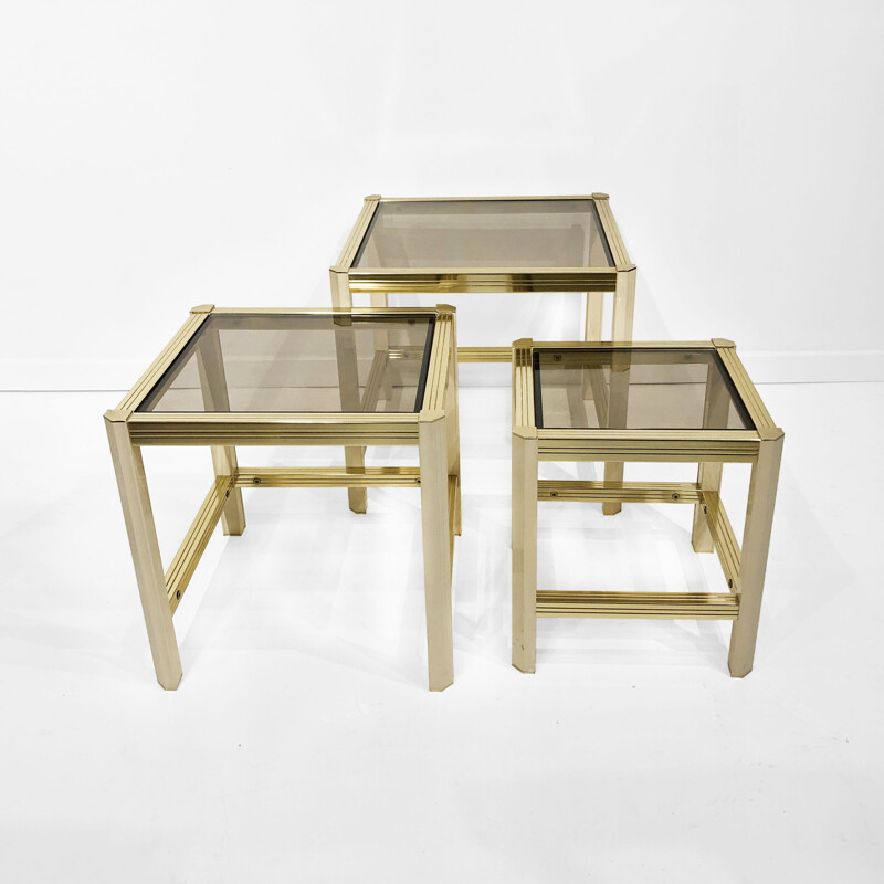 Vintage Brass And Cream Nest Of Tables Pierre Vandel Style Hollywood Regency Glam 1970s