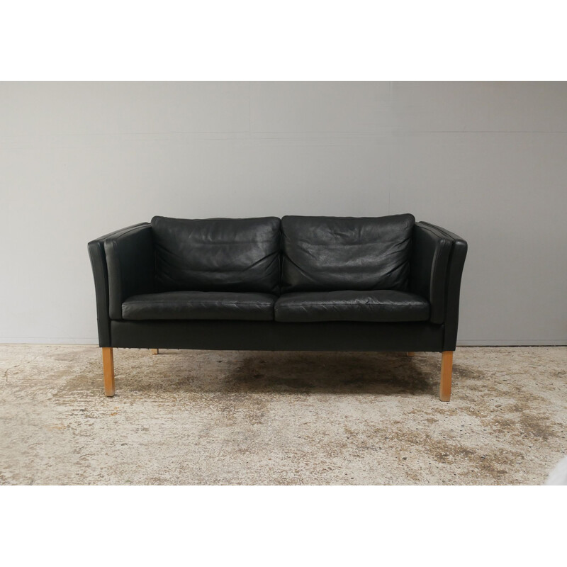 Vintage Sofa black leather 2 seat Danish 1980s