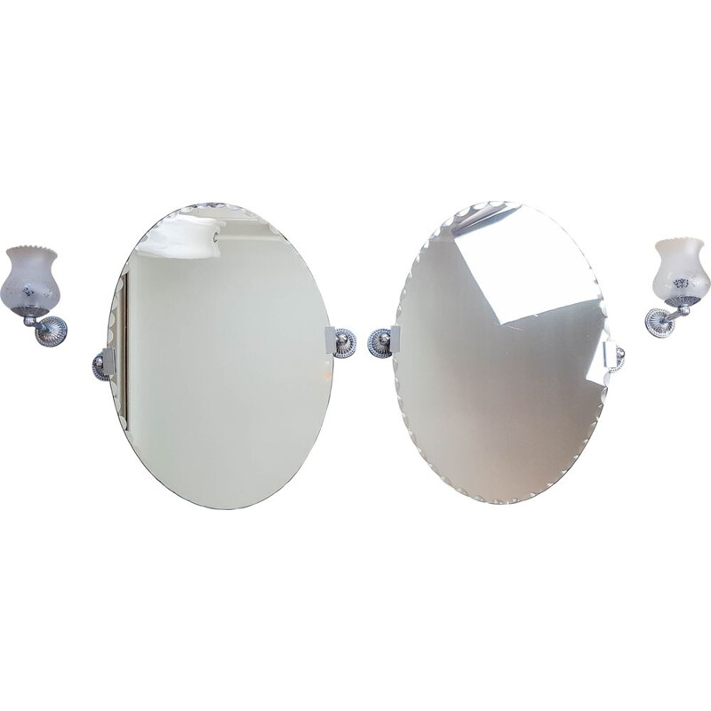 Paire de miroirs vintage ovales biseautés et appliques vintage Miroir salle de bain 1960