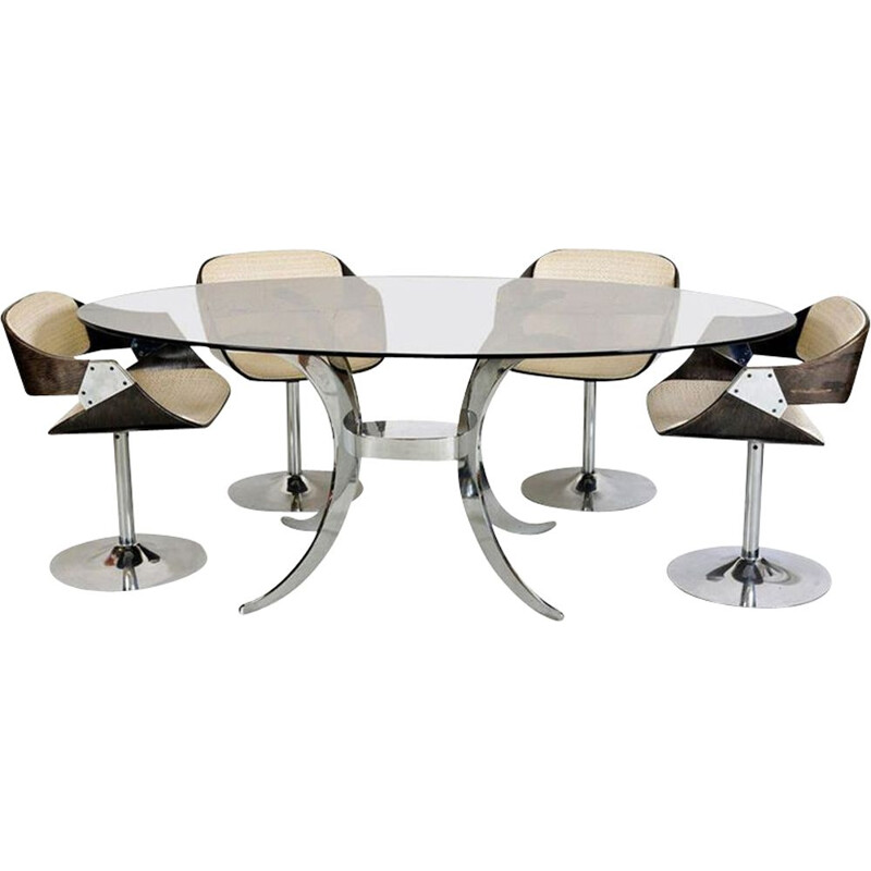 Vintage Tulip Chrome Glass Table and Chair Roche Bobois 4 x Luna Space Age French 1970 