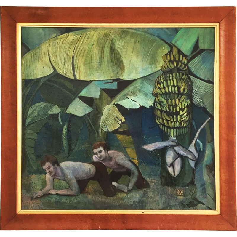 Peinture vintage de la jungle par Alan Healey Palmier exotique Boho Chic Hollywood Regency 1980