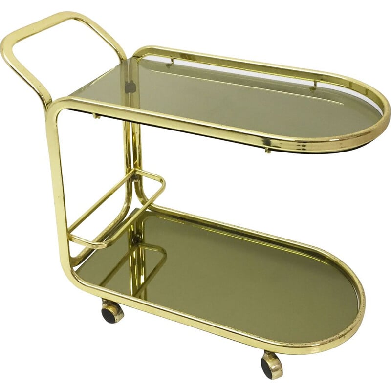 Vintage Morex Brass Drinks Bar Cart Smoked Mirror Glass Hollywood Regency