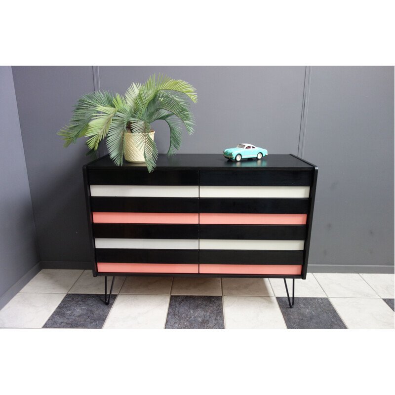 Vintage pink and black chest of drawers on hairpin legs, Jiroutek 1960