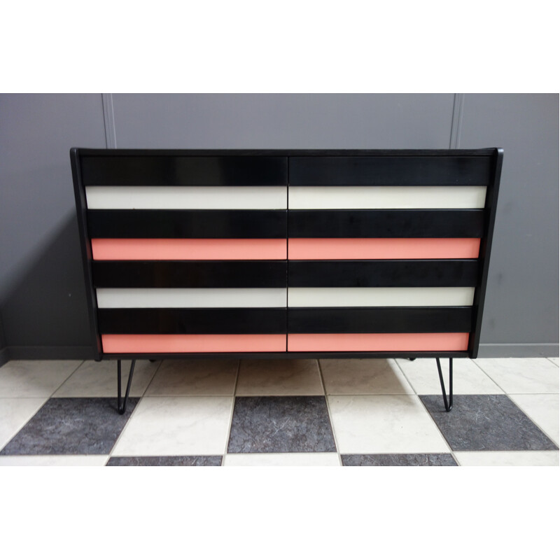 Vintage pink and black chest of drawers on hairpin legs, Jiroutek 1960