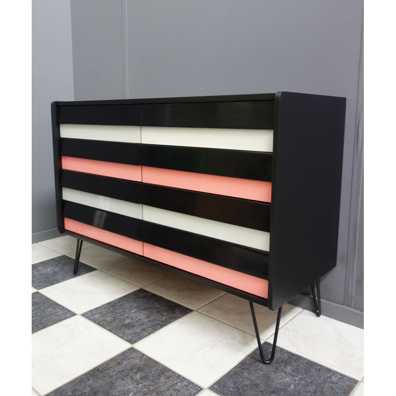 Vintage pink and black chest of drawers on hairpin legs, Jiroutek 1960