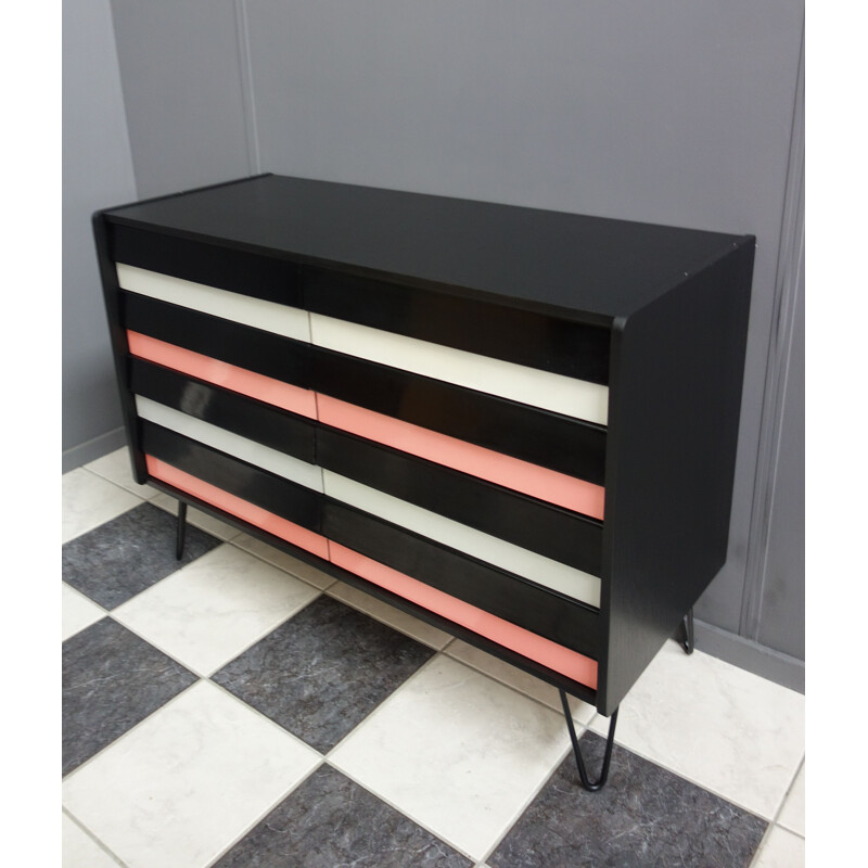 Vintage pink and black chest of drawers on hairpin legs, Jiroutek 1960