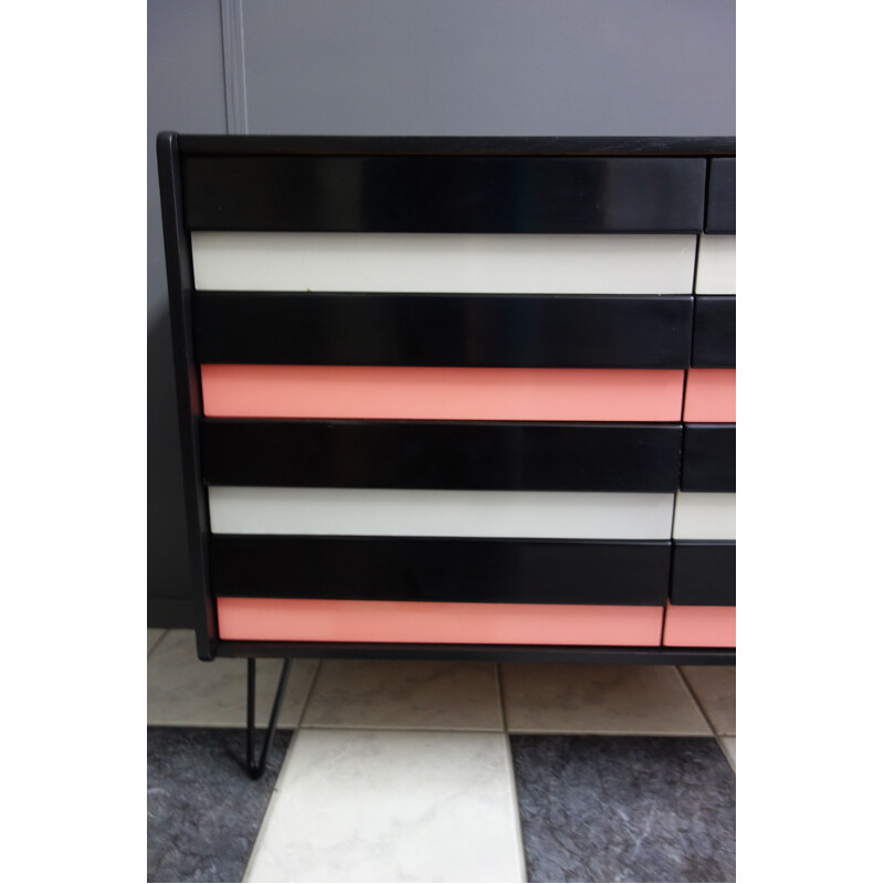 Vintage pink and black chest of drawers on hairpin legs, Jiroutek 1960