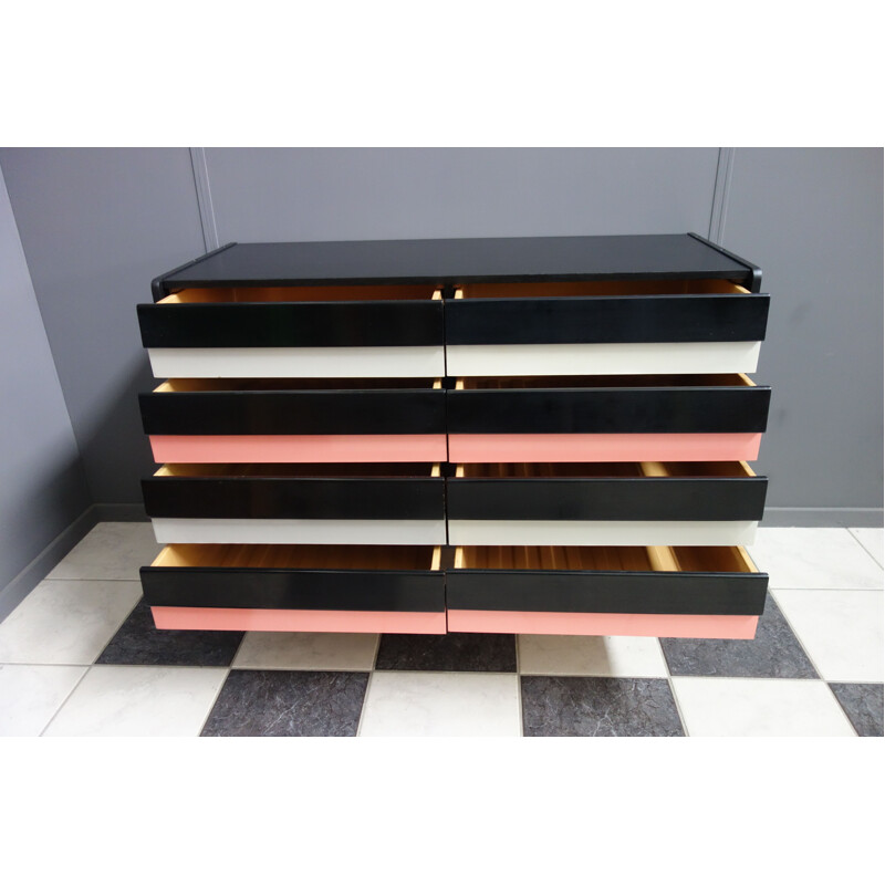 Vintage pink and black chest of drawers on hairpin legs, Jiroutek 1960