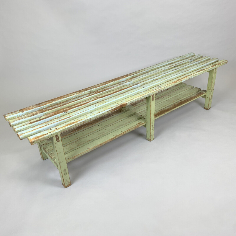 Vintage wooden industrial bench, original painting, Czechoslovakia 1930