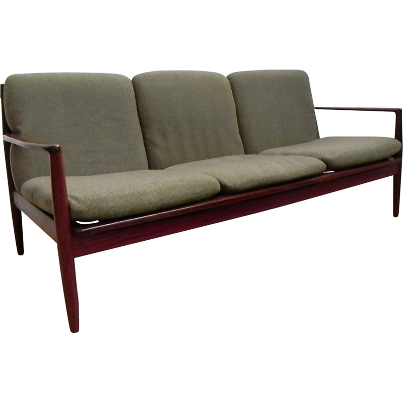 Poul Jeppesen 3 seater sofa in rosewood and wool fabric, Grete JALK - 1960s
