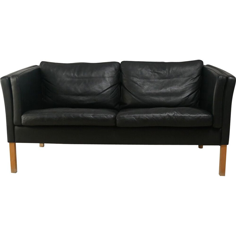 Vintage Sofa black leather 2 seat Danish 1980s