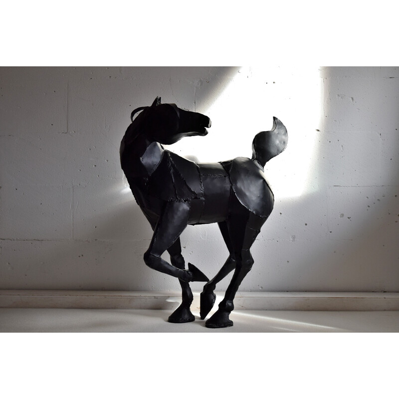 Vintage black welded iron horse sculpture by Lida Boonstra, 1998