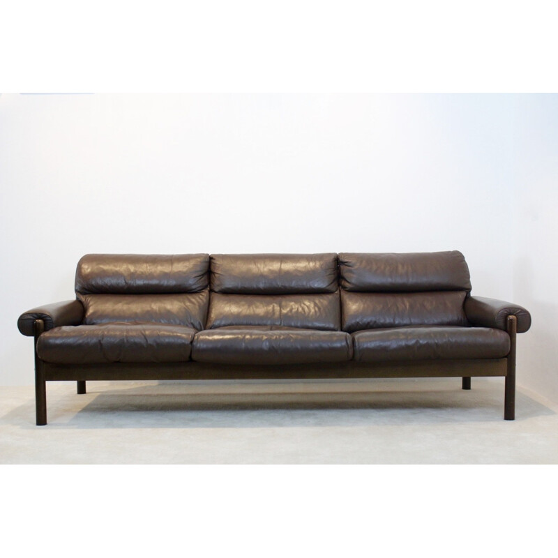 Scandinavian 3-seater sofa in brown leather - 1970s 