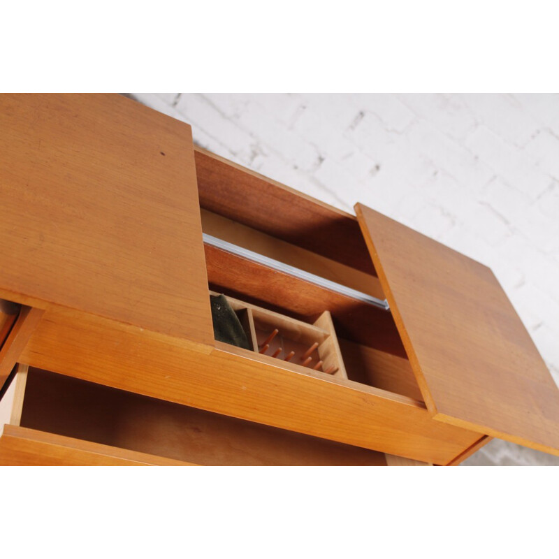 Scandinavian nut-wood sewing box on wheels in walnut, beech and rattan - 1960s