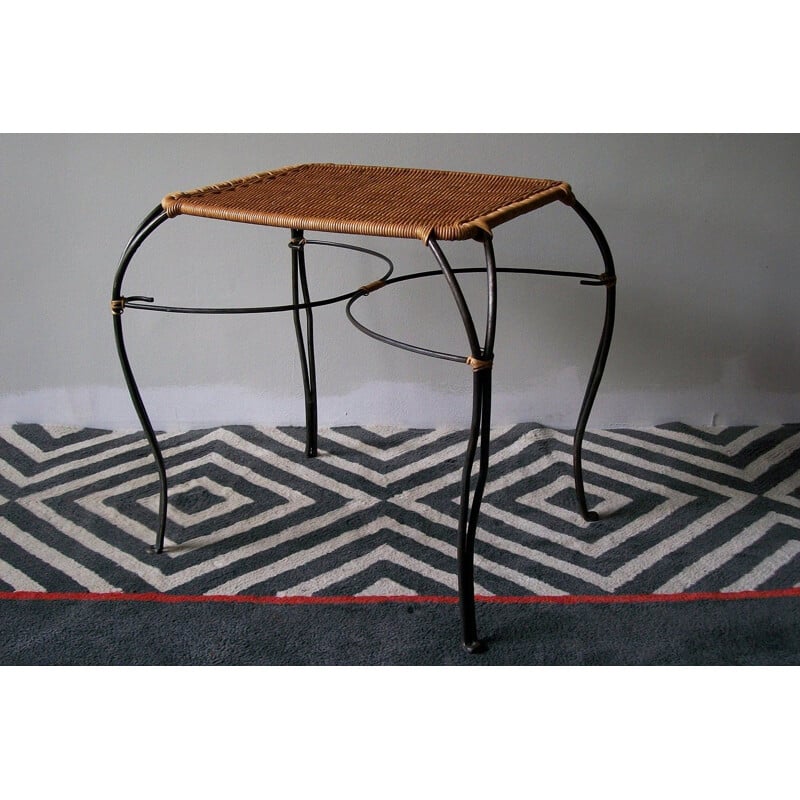 Vintage rattan and black iron Scandinavian wine table