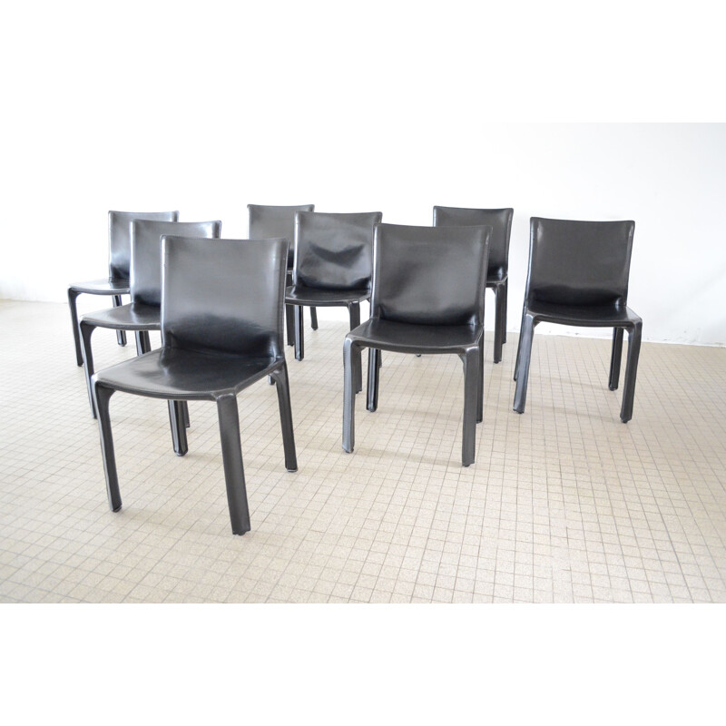 8 Vintage Cassina Cab 412 black leather dining chairs by Mario Bellini