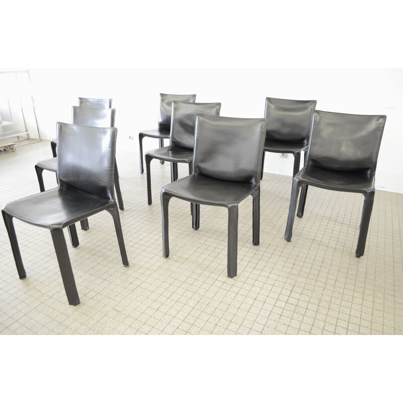 8 Vintage Cassina Cab 412 black leather dining chairs by Mario Bellini