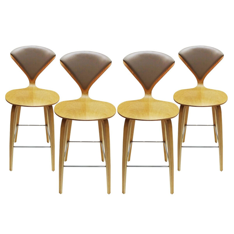 Set of 4 vintage oak, chrome and plywood bar stools by Norman Cherner