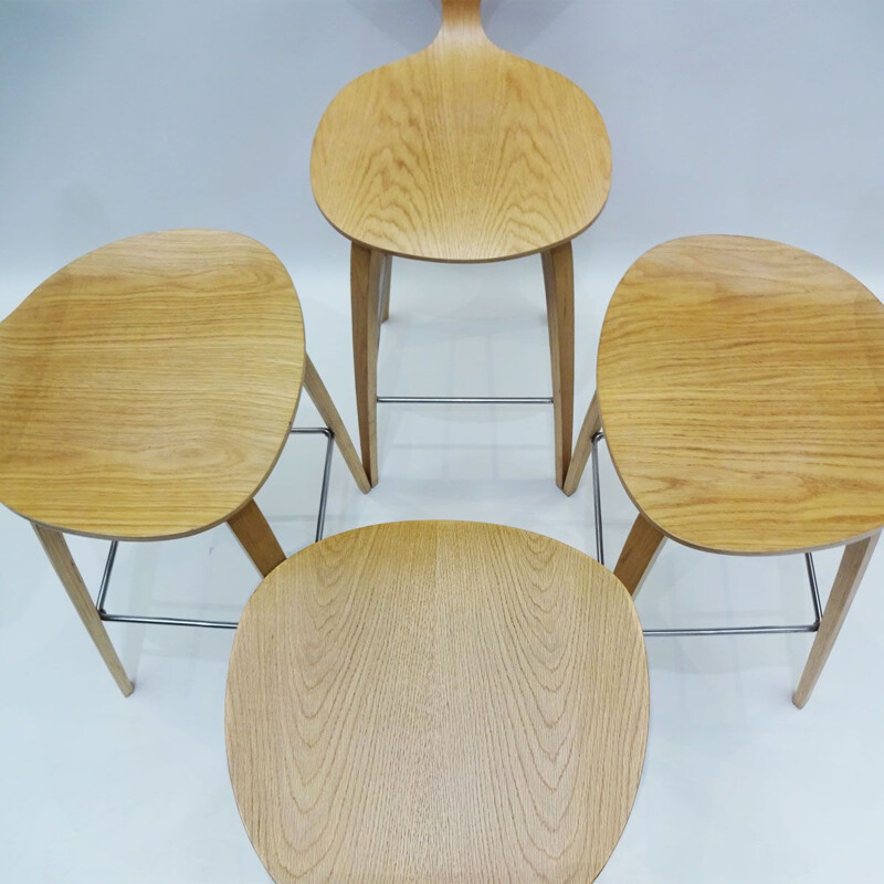 Set of 4 vintage oak, chrome and plywood bar stools by Norman Cherner