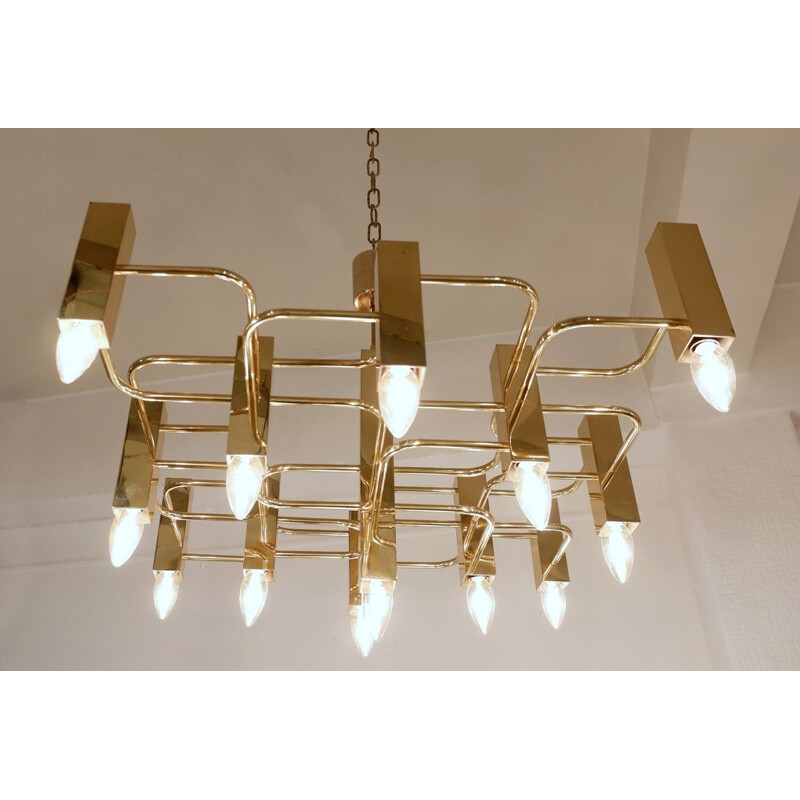 Vintage Gaetano Sciolari Brass Chandelier with 13 Luminous Points, 1970