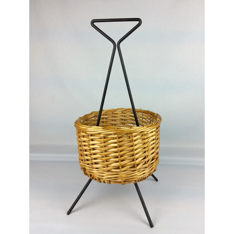 Vintage black lacquered metal basket, 1960