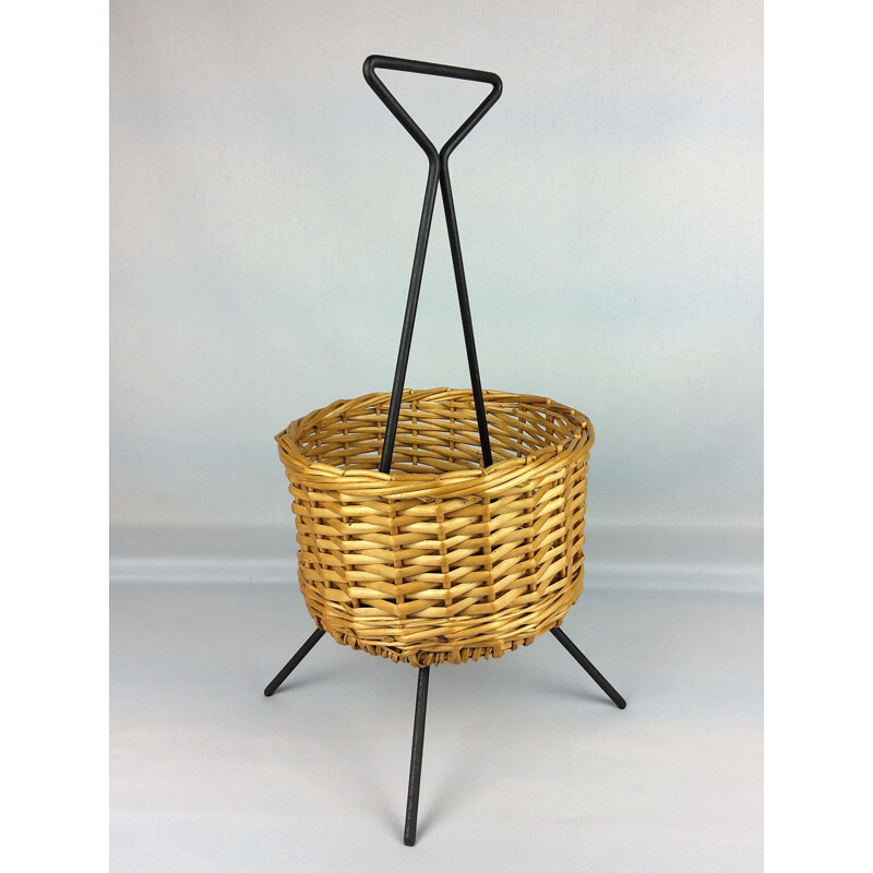 Vintage black lacquered metal basket, 1960