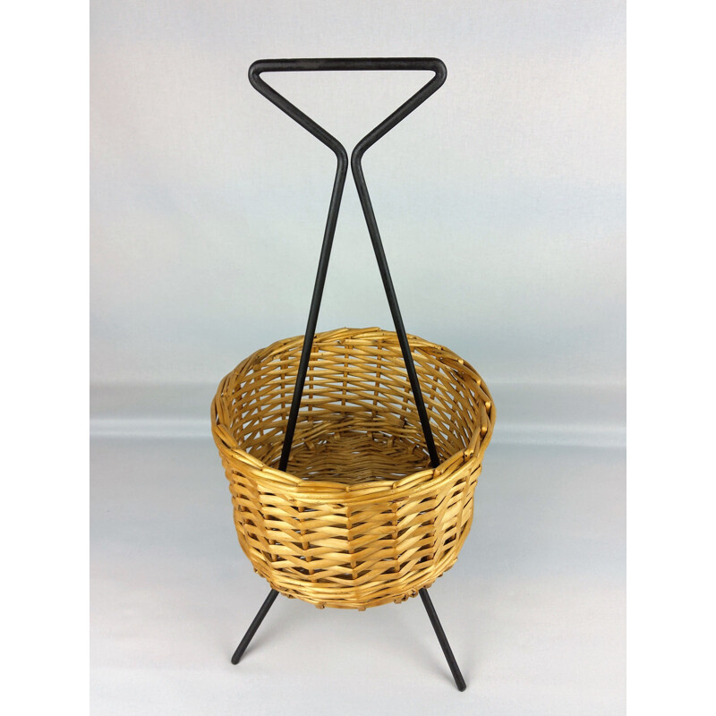 Vintage black lacquered metal basket, 1960