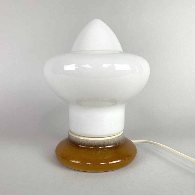 Vintage opal glass and ceramic table lamp by Ivan Jakes for Osvětlovací Sklo, Czechoslovakia 1960