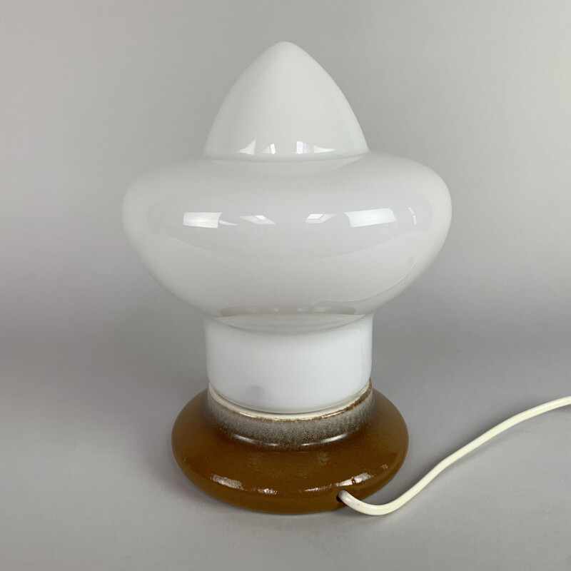 Vintage opal glass and ceramic table lamp by Ivan Jakes for Osvětlovací Sklo, Czechoslovakia 1960